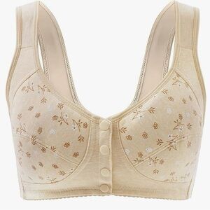 NWOT Womens Cream Floral Print Wireless Breathable Bra With 4 Front snaps